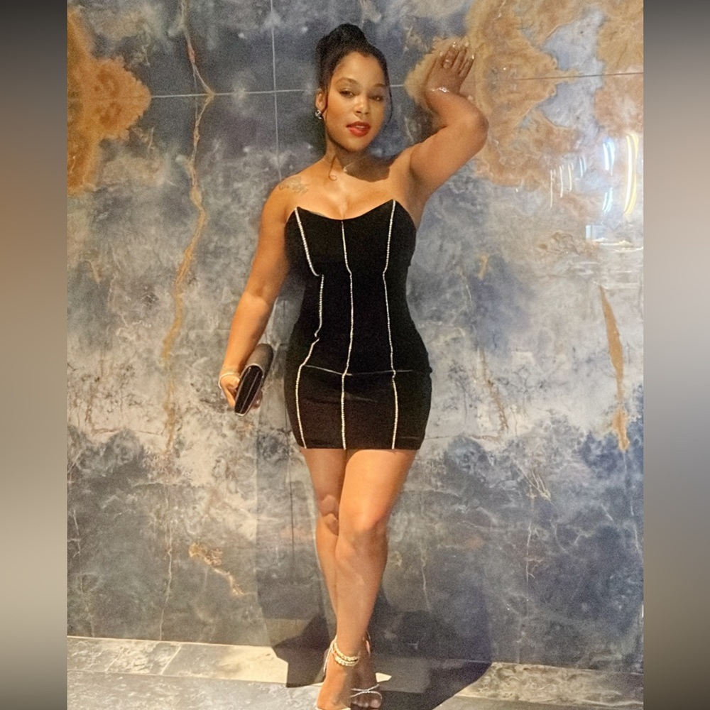 Naked Wardrobe Black Velvet Dress with vertical sparkly rhinestones.